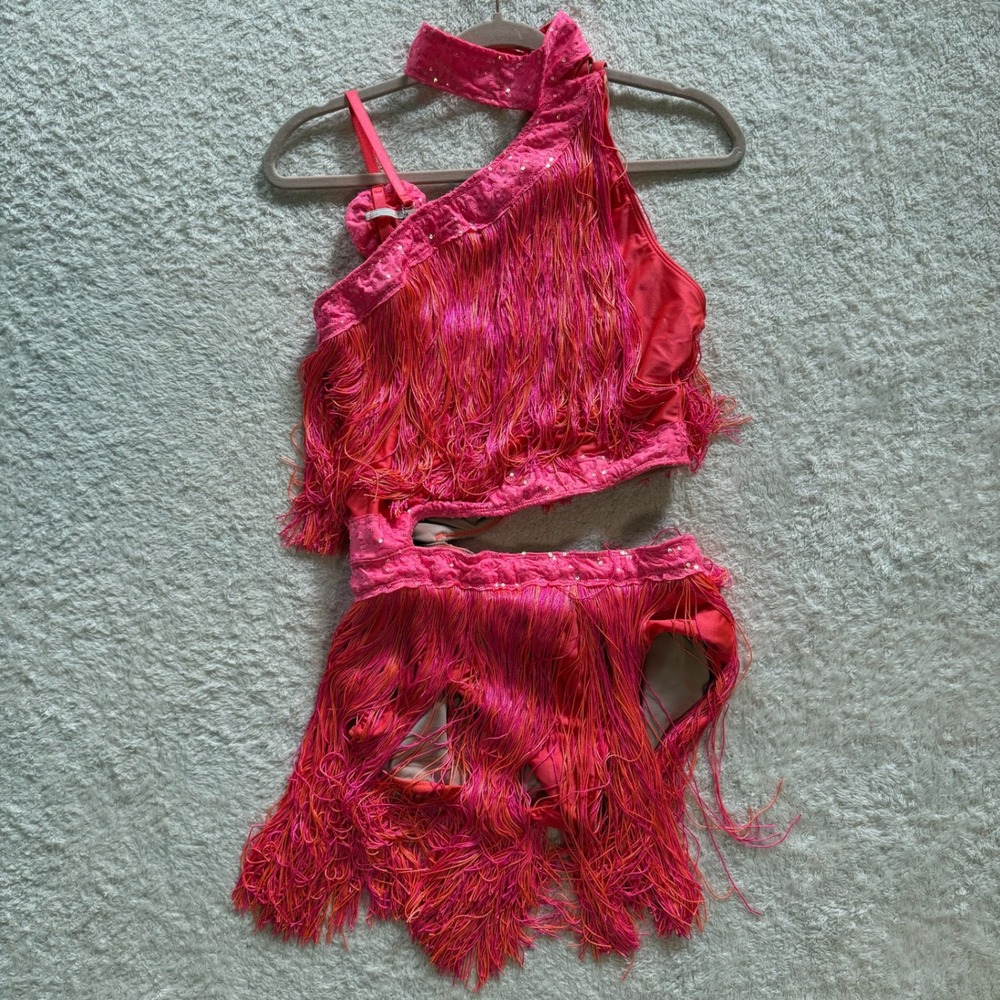 10th House Dance Costume Pink Orange Fringe Sequin Cutout One Shoulder TH17011